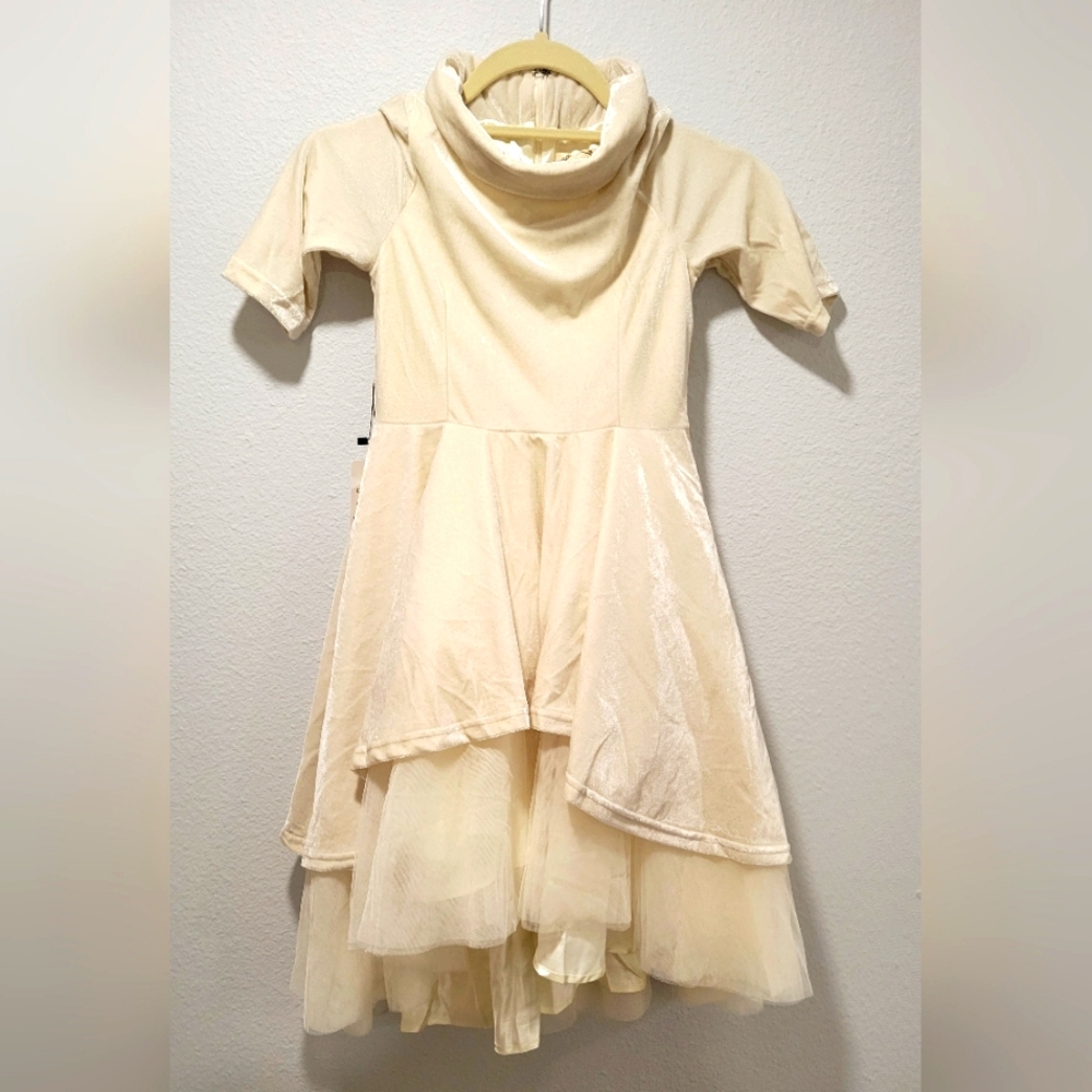Girls Cream Velvet High-Low Tulle Dress